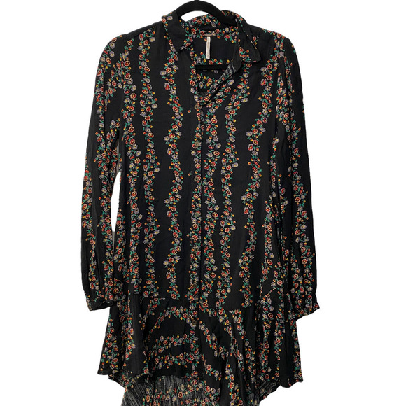 Free People Floral Black long sleeve button down dress XS - Picture 2 of 11